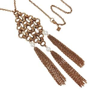 Signed Banana Republic VTG 1990s Gold Tone Pearl Tassel Pendant Necklace